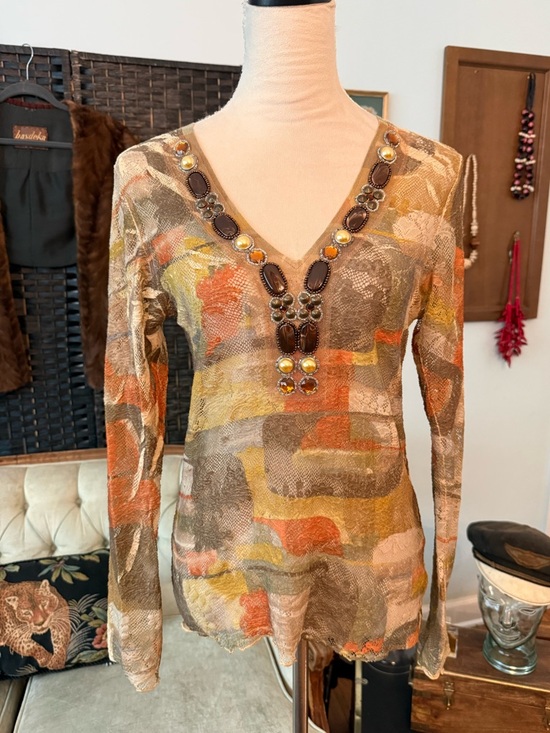 Tops - 🍂✨ Vintage David Cline Embellished Mesh Top Abstract Earth Tone Y2K USA